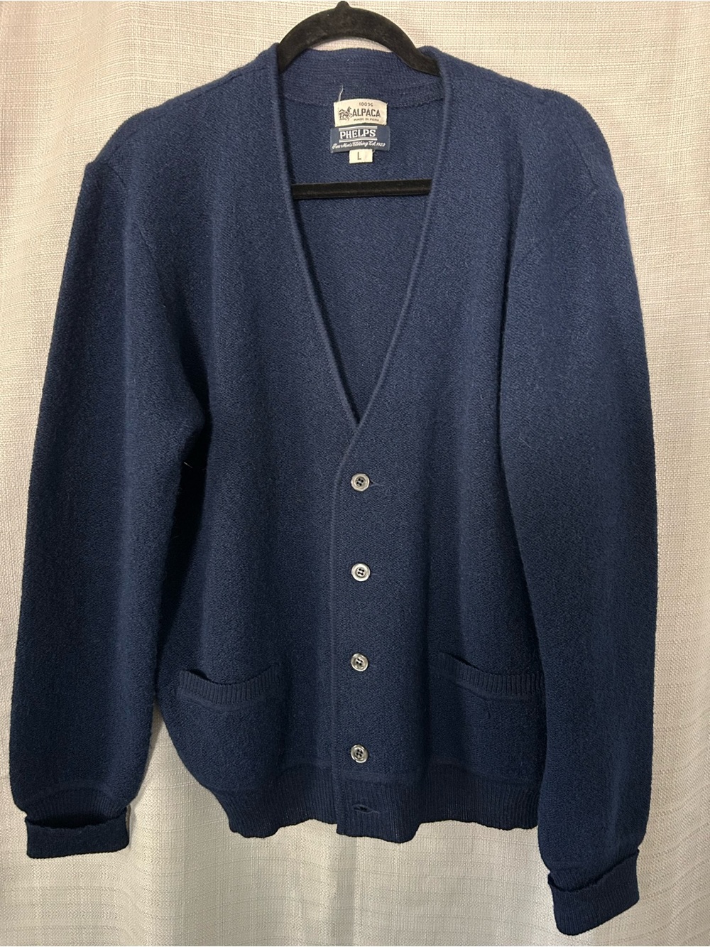 100% alpaca Men's Deep Blue Button-Front Cardigan